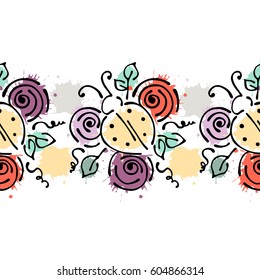 Seamless vector hand drawn floral pattern, endless border Colorful frame with flowers, leaves. Decorative cute graphic line drawing illustration. Print for wrapping, background, fabric, decor, textile