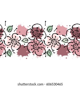 Seamless vector hand drawn floral pattern, endless border Colorful frame with flowers, leaves. Decorative cute graphic line drawing illustration. Print for wrapping, background, fabric, decor, textile