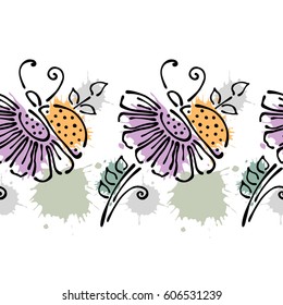 Seamless vector hand drawn floral pattern, endless border Colorful frame with flowers, leaves. Decorative cute graphic line drawing illustration. Print for wrapping, background, fabric, decor, textile