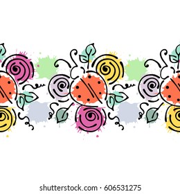 Seamless vector hand drawn floral pattern, endless border Colorful frame with flowers, leaves. Decorative cute graphic line drawing illustration. Print for wrapping, background, fabric, decor, textile