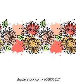 Seamless vector hand drawn floral pattern, endless border Colorful frame with flowers, leaves. Decorative cute graphic line drawing illustration. Print for wrapping, background, fabric, decor, textile