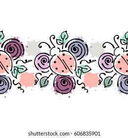 Seamless vector hand drawn floral pattern, endless border Colorful frame with flowers, leaves. Decorative cute graphic line drawing illustration. Print for wrapping, background, fabric, decor, textile