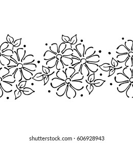 Seamless vector hand drawn floral pattern, endless border frame with flowers, leaves. Decorative cute graphic line drawing illustration. Print for wrapping, background, fabric, decor, textile, surface