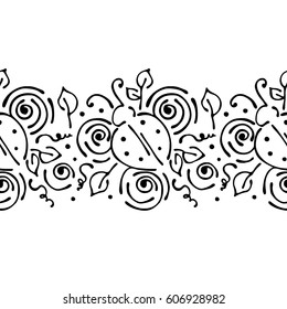 Seamless vector hand drawn floral pattern, endless border frame with flowers, leaves. Decorative cute graphic line drawing illustration. Print for wrapping, background, fabric, decor, textile, surface