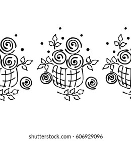 Seamless vector hand drawn floral pattern, endless border frame with flowers, leaves. Decorative cute graphic line drawing illustration. Print for wrapping, background, fabric, decor, textile, surface