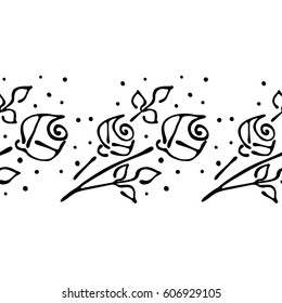 Seamless vector hand drawn floral pattern, endless border frame with flowers, leaves. Decorative cute graphic line drawing illustration. Print for wrapping, background, fabric, decor, textile, surface