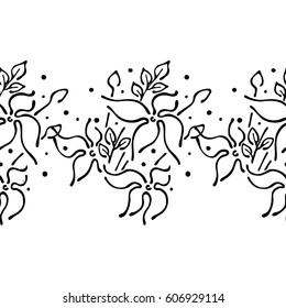 Seamless vector hand drawn floral pattern, endless border frame with flowers, leaves. Decorative cute graphic line drawing illustration. Print for wrapping, background, fabric, decor, textile, surface