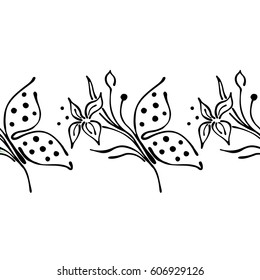 Seamless vector hand drawn floral pattern, endless border frame with flowers, leaves. Decorative cute graphic line drawing illustration. Print for wrapping, background, fabric, decor, textile, surface