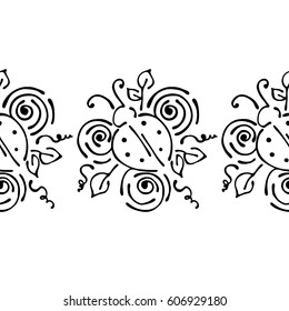 Seamless vector hand drawn floral pattern, endless border frame with flowers, leaves. Decorative cute graphic line drawing illustration. Print for wrapping, background, fabric, decor, textile, surface