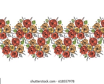 Seamless vector hand drawn floral pattern, endless border Colorful frame with flowers, leaves Decorative cute graphic line drawing illustration. Print for wrapping, background, fabric, decor, textile.