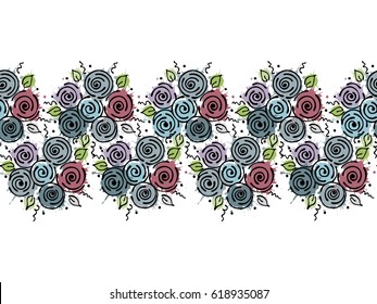 Seamless vector hand drawn floral pattern, endless border Colorful frame with flowers, leaves. Decorative cute graphic line drawing illustration. Print for wrapping, background, fabric, decor, textile