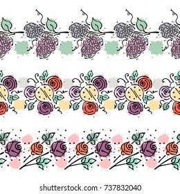 Seamless vector hand drawn floral pattern, endless border Colorful frame with flowers, leaves. Decorative cute graphic line drawing illustration. Print for wrapping, background, fabric, decor, textile
