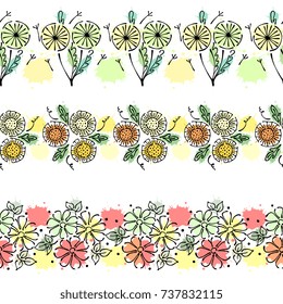 Seamless vector hand drawn floral pattern, endless border Colorful frame with flowers, leaves. Decorative cute graphic line drawing illustration. Print for wrapping, background, fabric, decor, textile