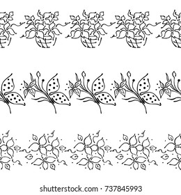Seamless vector hand drawn floral pattern, endless border Frame with flowers, leaves, butterfly Decorative cute graphic line drawing illustration Print for wrapping, background, fabric, decor, textile