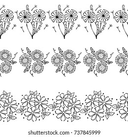 Seamless vector hand drawn floral pattern, endless border Colorful frame with flowers, leaves. Decorative cute graphic line drawing illustration. Print for wrapping, background, fabric, decor, textile