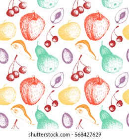 seamless vector hand drawn fruit colorful pattern with apples plums pears and cherries