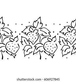 Seamless vector hand drawn fruits pattern, endless border frame with strawberry. Decorative cute graphic line drawing illustration. Print for wrapping, background, fabric, decor, textile, surface