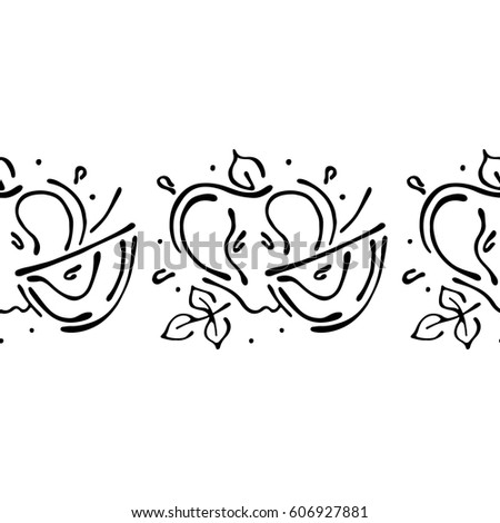 Seamless vector hand drawn fruits pattern, endless border frame with apple. Decorative cute graphic line drawing illustration. Print for wrapping, background, fabric, decor, textile, surface
