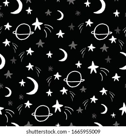 Seamless vector hand drawn galaxy , planet, and star pattern for children. Black and white.