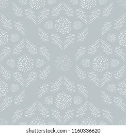 Seamless Vector Hand Drawn Geometric Diamond and Circle Pattern in Silvery Gray Green and White.