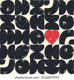 Seamless vector hand drawn geometric pattern for Valentines Day. Template brush stroke geometric shapes with circles, squares, red hearts in retro style, design for a Mother's Day or wedding day cover