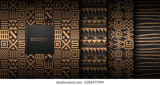 Seamless vector hand drawn golden ethnic pattern set. Abstract gold background on black. Dark tribal indian Navajo print collection. Web page fill Aztec seamless native folk wrapping paper texture