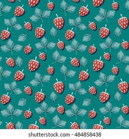 seamless vector hand drawn green pattern with strawberries and leaves