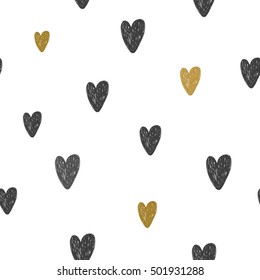 Seamless Vector Hand Drawn Hearts Pattern with Dark and Golden Hearts