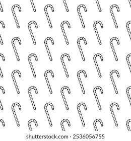 Seamless vector hand drawn ink pattern of lollipops and candy canes. Festive sweets background for Christmas designs, prints for confectioners, bakeries packaging, wrapping paper, textile