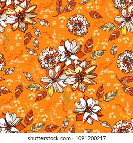 Seamless vector hand drawn pattern of blossoms and fresh branches. Floral background for textile or book covers, design, graphic art, printing and hobby, invitation