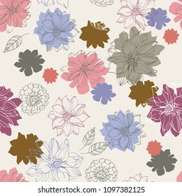 Seamless vector hand drawn pattern of blossoms and fresh branches. Scandinavian style. Floral contour background for textile or book covers, design, graphic art, printing and hobby, invitation