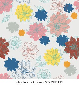 Seamless vector hand drawn pattern of blossoms and fresh branches. Scandinavian style. Floral contour background for textile or book covers, design, graphic art, printing and hobby, invitation
