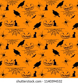 Seamless vector hand drawn pattern with halloween motif (ravens, bats, spiders, web, pumpkins) on orange background.