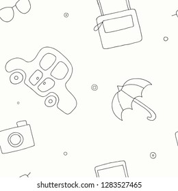 Seamless vector hand drawn pattern with decorative elements, car, bag, umbrella, sunglasses. Black and white background, graphic illustration, doodle style. Travel theme