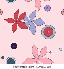 Seamless vector hand drawn pattern with decorative elements, flowers, leaves. dots. Colorful background, graphic illustration, doodle style.