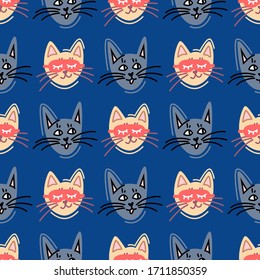 Seamless vector hand drawn pattern with funny cats in a mask for sleeping hads on the blue background. Scandinavian design. Print for fabric, clothing, wrapping paper, etc.