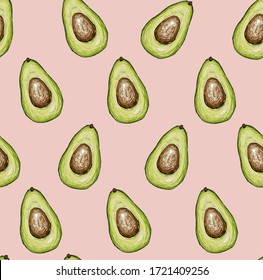 Seamless vector hand drawn pattern with avocado in doodle style on a pink background. Healthy food green texture.