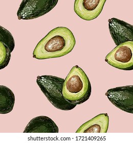 Seamless vector hand drawn pattern with avocado in doodle style on a pink background. Healthy food green texture.