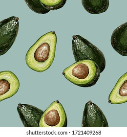 Seamless vector hand drawn pattern with avocado in doodle style on a blue background. Healthy food green texture.