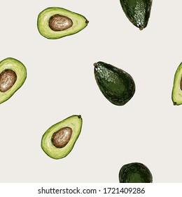 Seamless vector hand drawn pattern with avocado in doodle style on a beije background. Healthy food green texture.