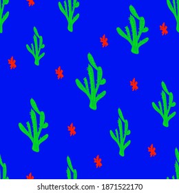 Seamless vector hand drawn pattern with cute cactus and flowers,botanical illustration for wallpaper,wrapping and packaging design,colorful motif for fabric and textile in cartoon style