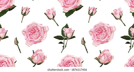 Seamless vector hand drawn pattern with pink roses in art markers style