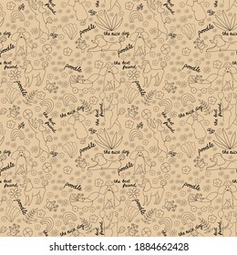 seamless vector hand drawn pattern with poodles and flowers. Yelow background with dogs - our best friends.