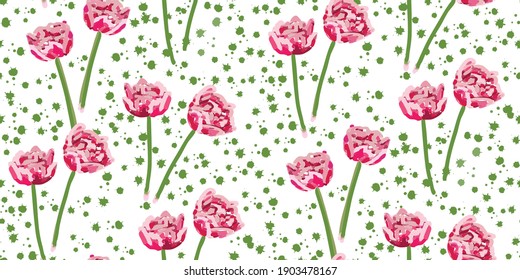 Seamless vector hand drawn pattern with pink double tulips in art markers style