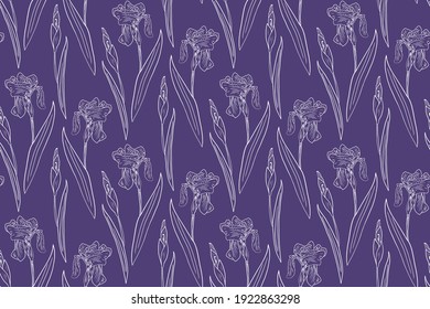 Seamless vector hand drawn pattern with iris flowers, leaves and buds on violet