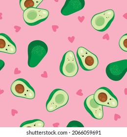 Seamless vector hand drawn pattern with cartoon avocado couple character, avocado in love. Vector texture for textile, wrapping paper, scrapbooking, packaging etc.