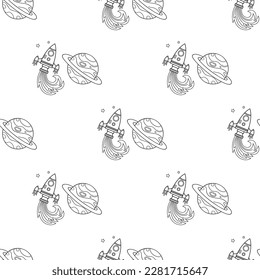 Seamless vector hand drawn pattern with with rockets and planets