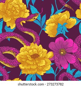 Seamless vector hand drawn pattern with shake and flowers.