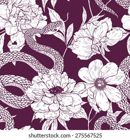 Seamless vector hand drawn pattern with shake and flowers.