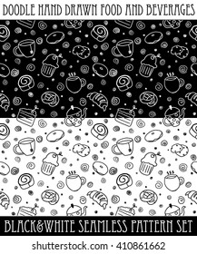 Seamless vector hand drawn pattern set with doodle bakery. Vector set of elements for menu design: cake, teapot, croissant, pancake, donut, coffee, cookie, bagel. Bakery&beverage for menu design.